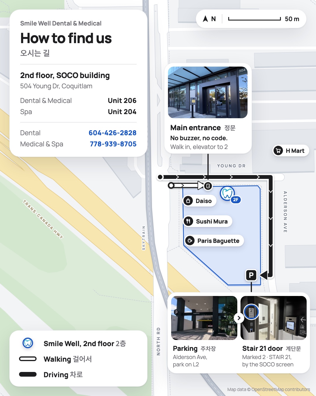 Map of how to find Smile Well Dental & Medical, 2nd floor of the SOCO building, 504 Young Dr, Coquitlam, at North Rd and Young Dr. The clinic is directly above Daiso; Sushi Mura and Paris Baguette face North Rd, and H Mart is across Young Dr. Walking: the main entrance is on Young Dr. No buzzer, no code: walk in and take the elevator to 2. Driving: from North Rd, turn onto Young Dr, then right onto Alderson Ave to the parking entrance at the south end of the building. Park on L2 and take the Stair 21 door, marked 2 · STAIR 21, by the SOCO screen. Dental & Medical is Unit 206.